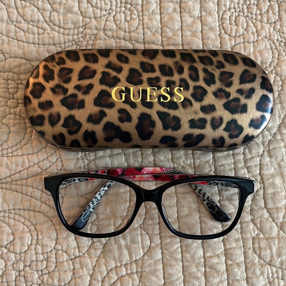 Guess Women’s Prescription Black Eyeglasses with Animal Print Case